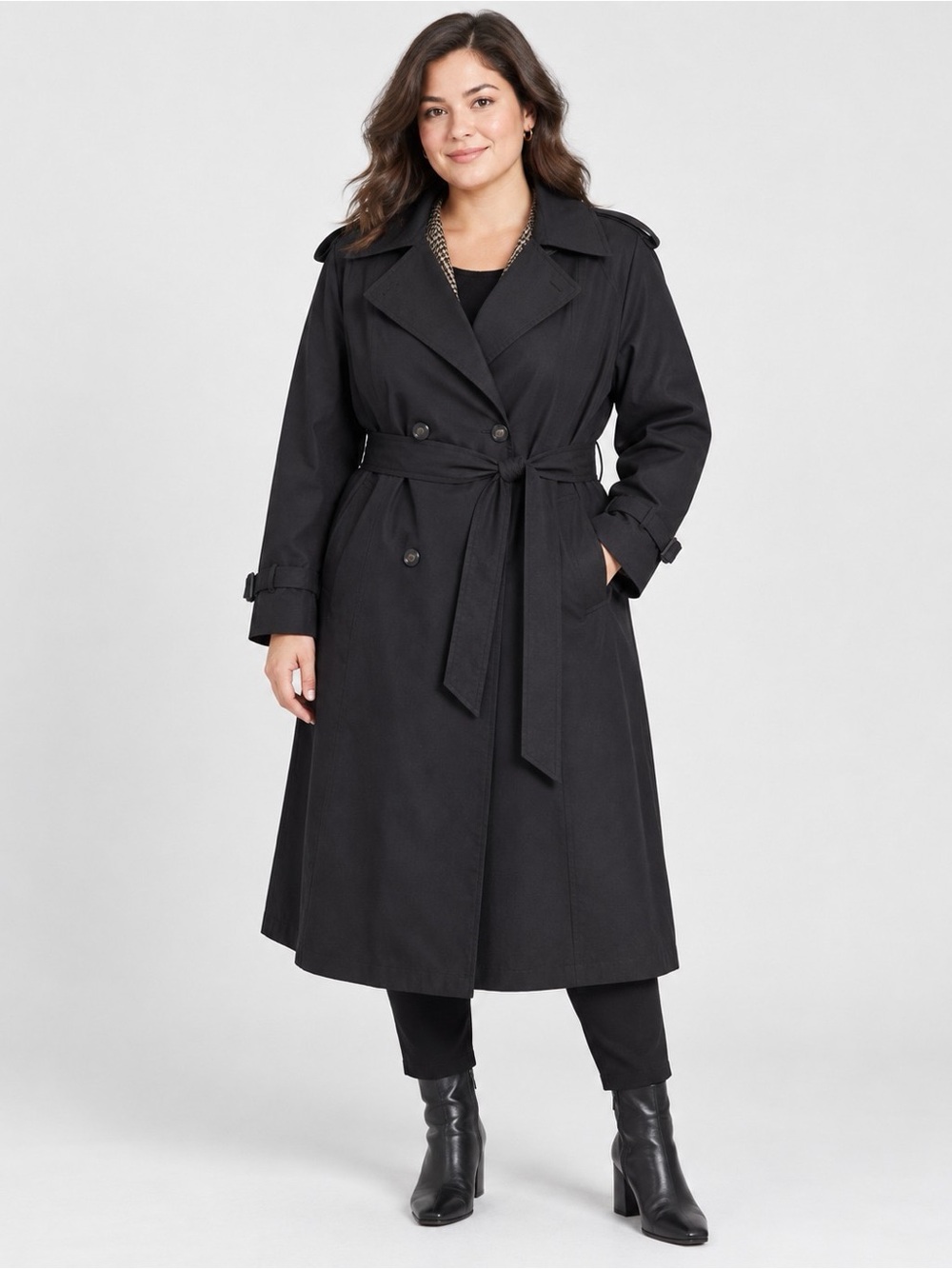 Amanda Smith Black Double-Breasted Trench Coat with Waist Tie